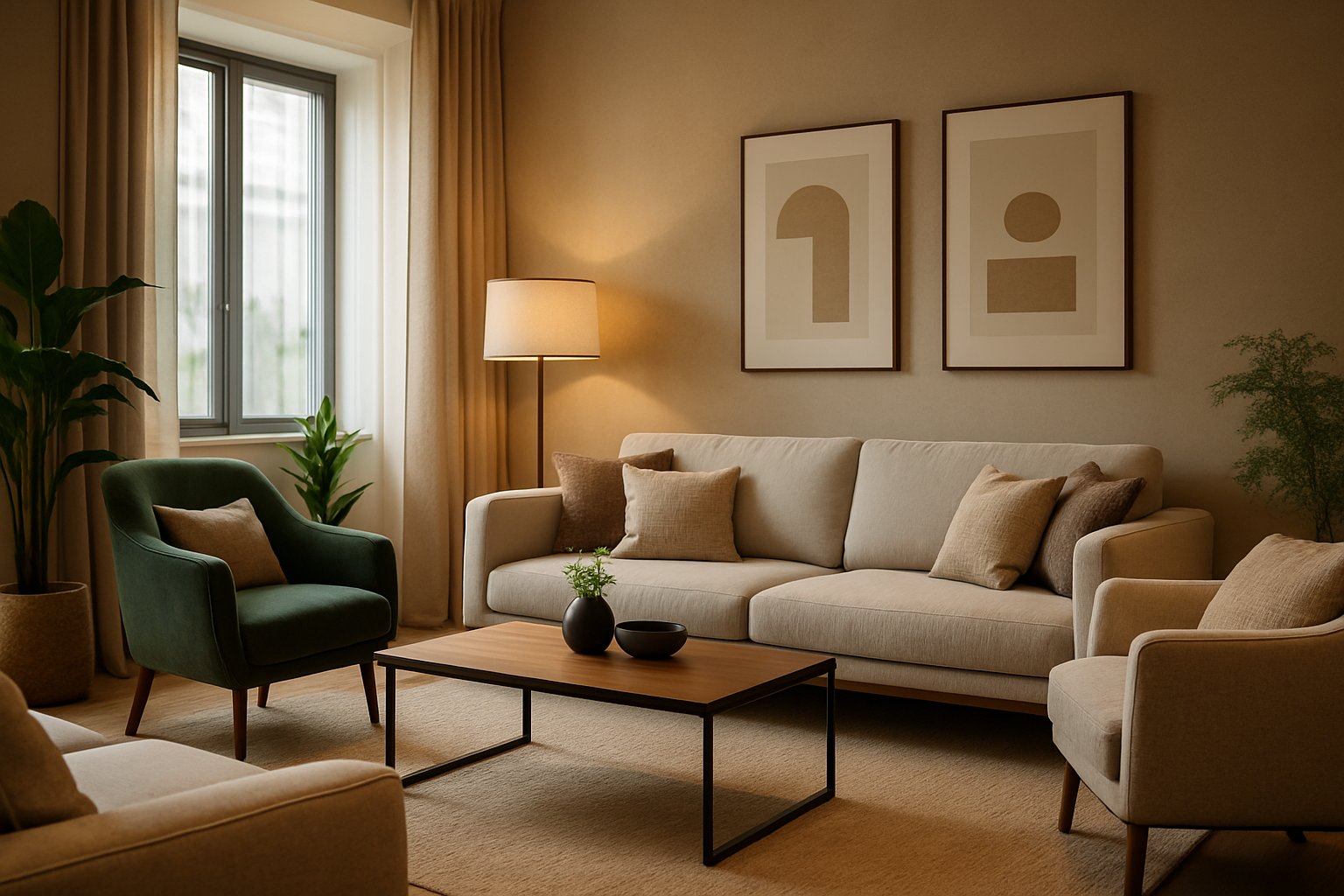 Ein modernes Wohnzimmer mit bequemen Sofas, einem Couchtisch und großen Fenstern, das zum Entspannen einlädt.