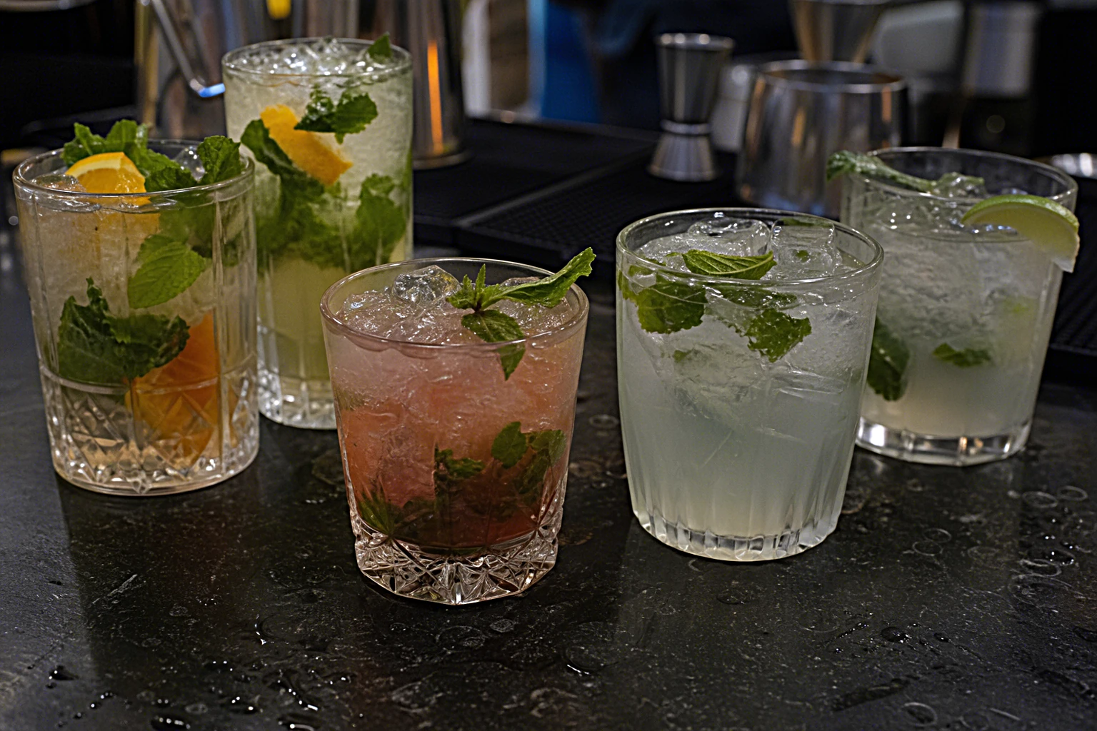Bunte erfrischende Sommercocktails mit Eis und frischer Minze auf einer Bartheke