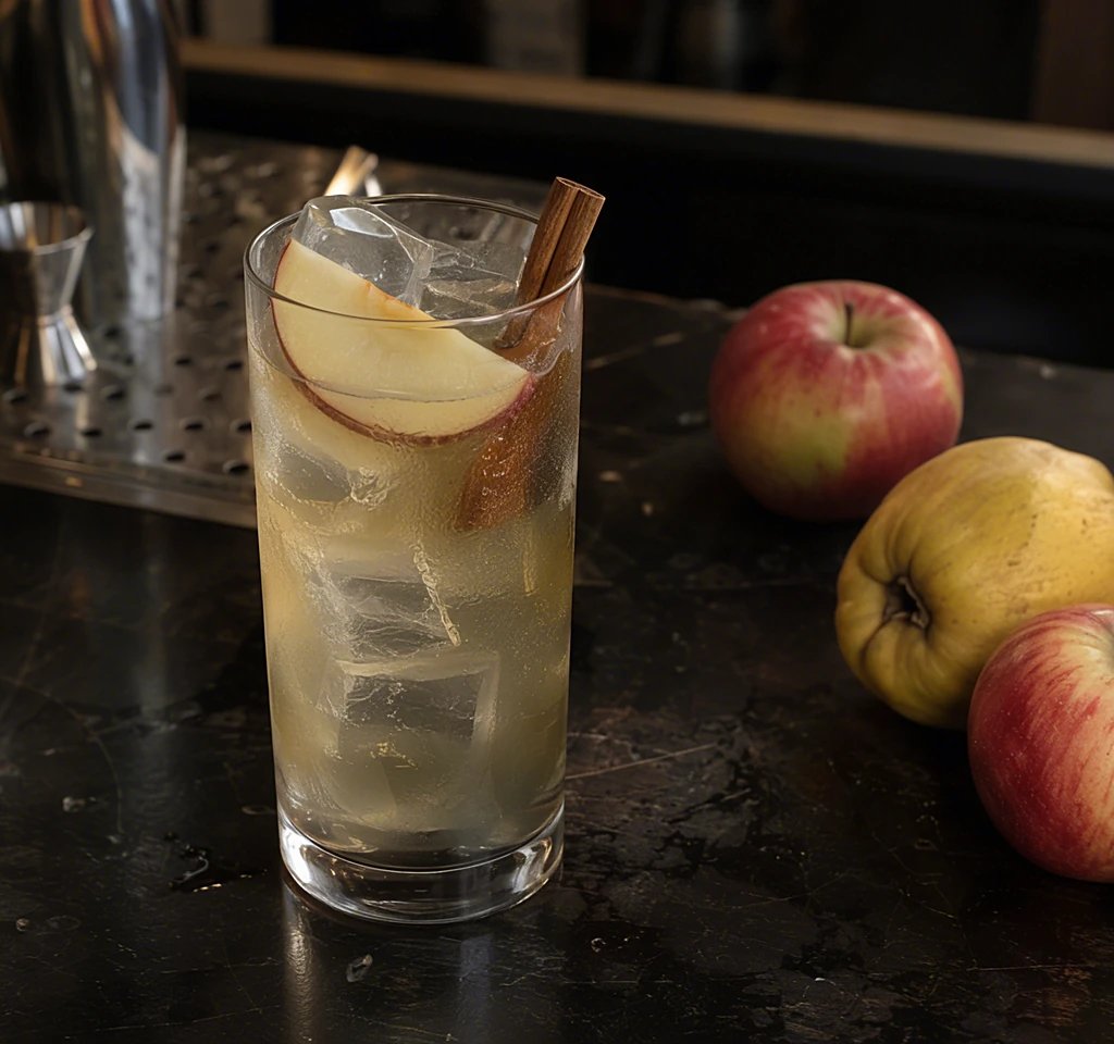 Hohes Glas mit Apfel-Highball, Apfelscheibe und Zimtstange neben Äpfeln und einer Quitte auf einer Bartheke